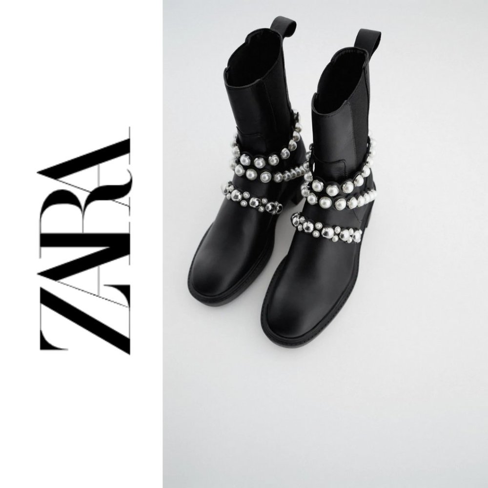 NWT ZARA Pearl Strap Leather Ankle Boots - 8